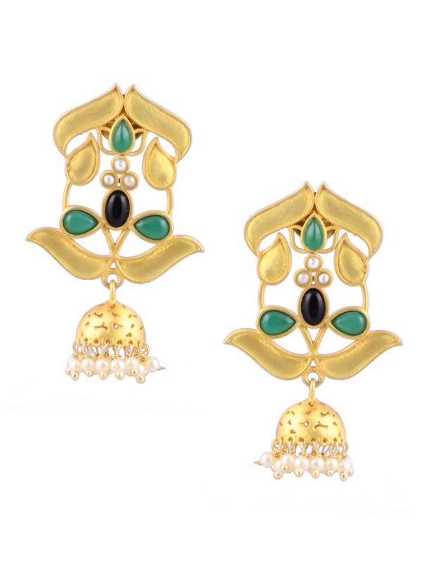 Gold matte finish Textured with Green & Black colour Stone Stud Earring.