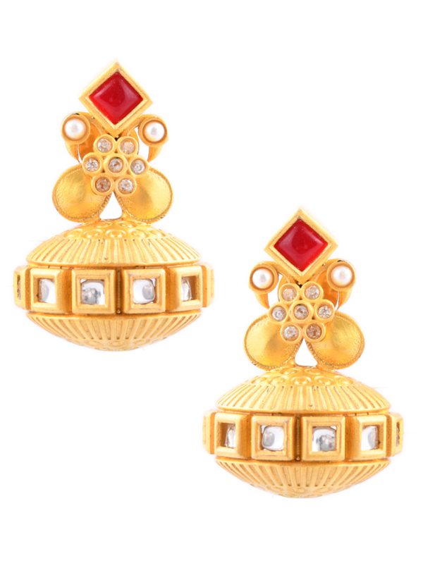 Fancy Party Wear Traditional Polki & Red Colour Stone Studded Stud Earring.