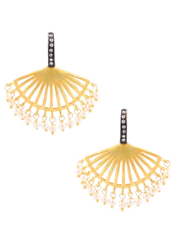 Contemporary gold Textured and Stringing Pearls Stud Earring.