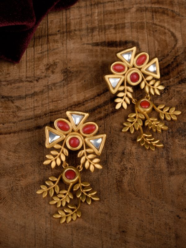 Leaf Styled Red Coral Stone & studded Polki Stud Earring.