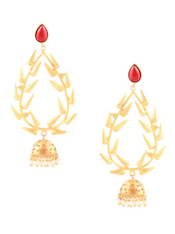 Gold Plated Leaf Style Single red coral Stonewith fancy work Earring Set.
