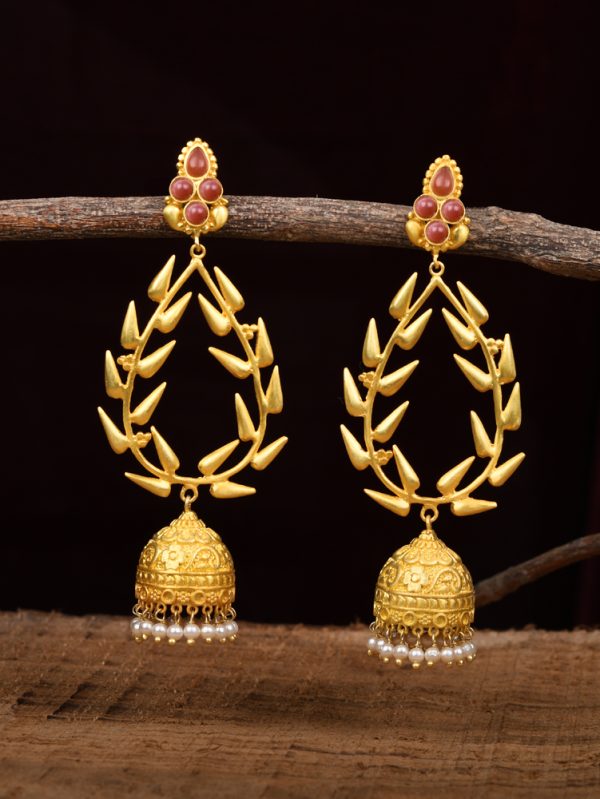 Fancy party wear contemporary Red Glass stone carved jhumki with attachment of freshwater pearls Earring Set.