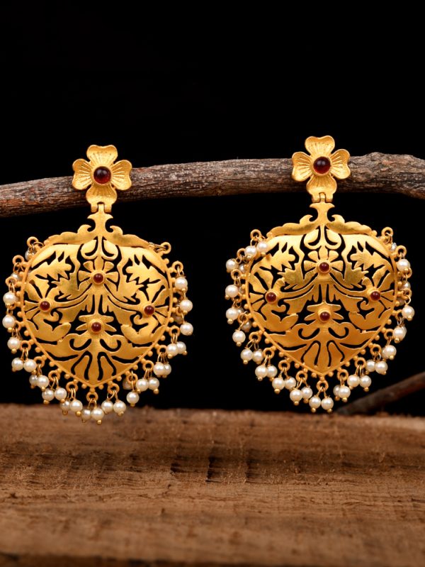 Gold plated textured dangle for women and girls with red coral and Fresh Water Pearlss Earring Set.