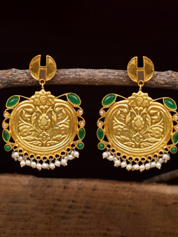 Gold plated Green color stone styling with embossed look and stringing of Fresh Water Pearlss Earring Set.