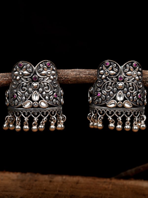 Silver oxidised stud looking is just wonderful with Pink cz & hanging of Silver balls Designer Stud Earring.