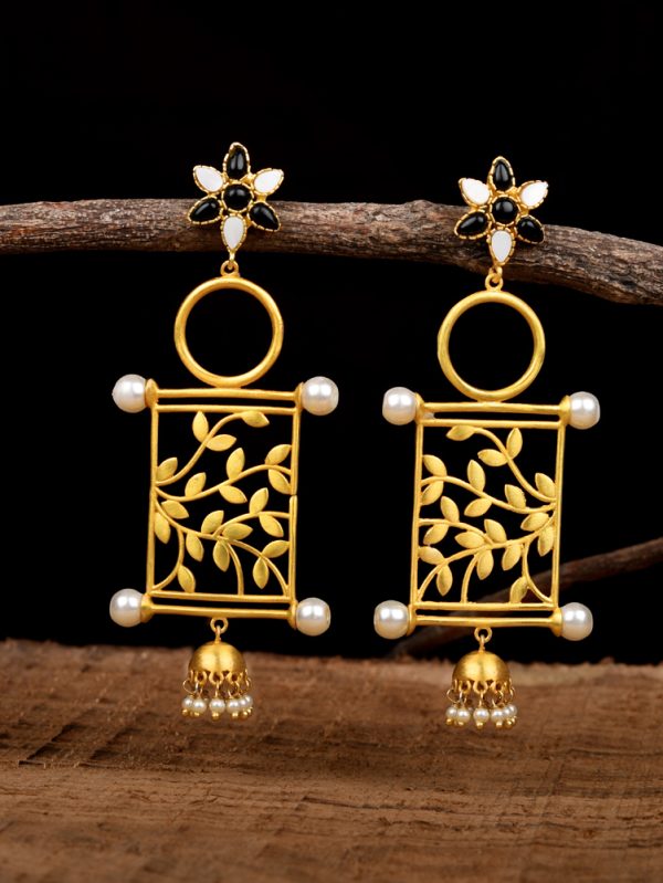 Traditional gold plated textured & studded black Onyx, attachment of freshwater pearL, MOP stone Earring Set.