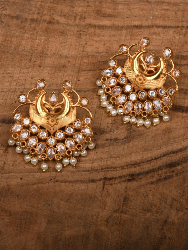 Gold textured CZ stone & Onyx studed & stringing of pearls purely designer Chandbali Earring.