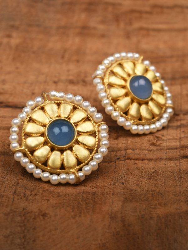 Introducing Gold plated Blue chalcy with Stringing of pearls beautifully styled Stud Earring.
