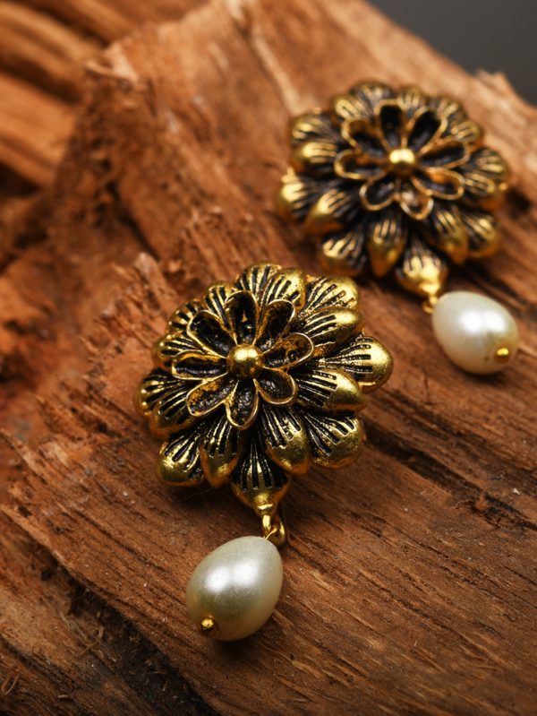 Gold plated textured work handcrafted with floral styled Stud Earring.