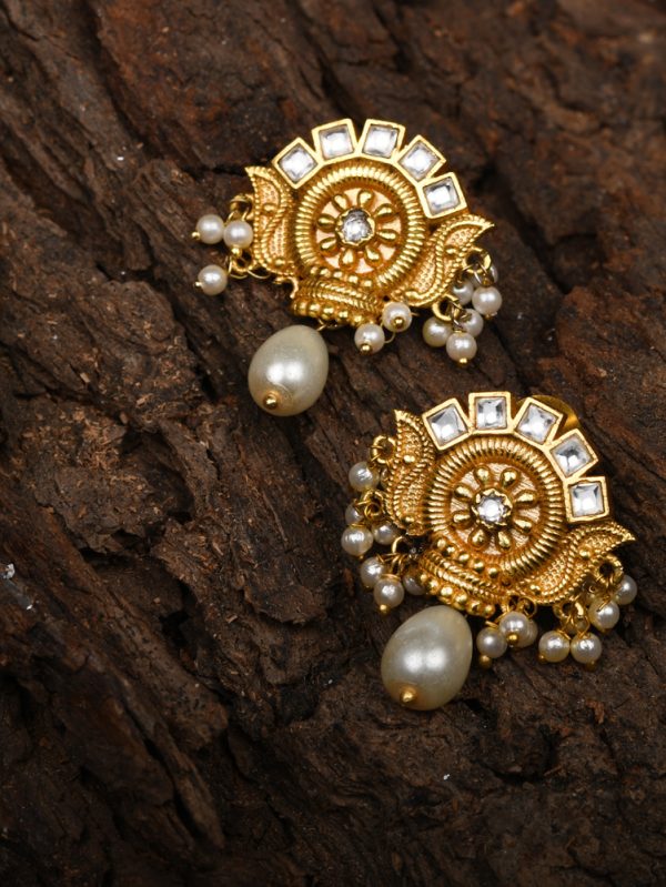 Gold plated Textured work with floral wire work with Fresh Water Pearlss drop and  Stud Earring.