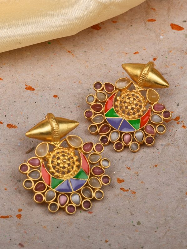 Initiate Pink and White moon stone  with Meena & floral look with dual cone style Stud Earring.