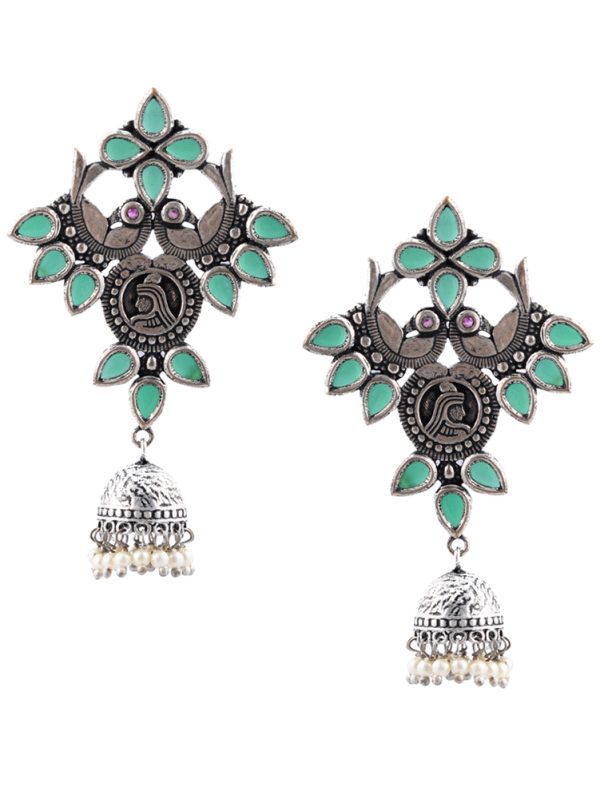 Traditional Silver Oxidized Bird Green Jhumka  Women Earrings.
