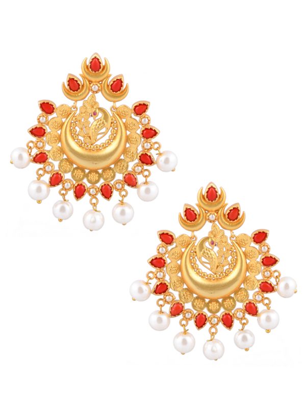 Leads peacock style with Red Coral  Chandbali Earring.