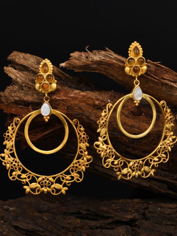 Initiate Handcrafted with Peach moon stone & Centrally Studded MOP as Ring Bali Style Chandbali Earring.