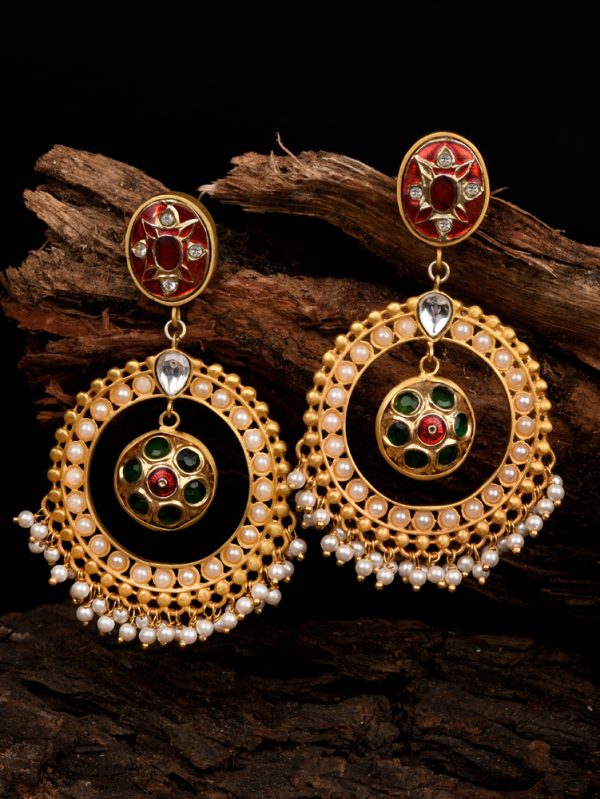Enhanced with red & green Glass stone, CZ stone, Meena & polki with stringing of pearls heavy Bali Earring Set.