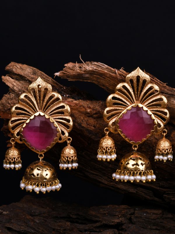 Single Pink Moon Stone with Handwork Design Earring Set.