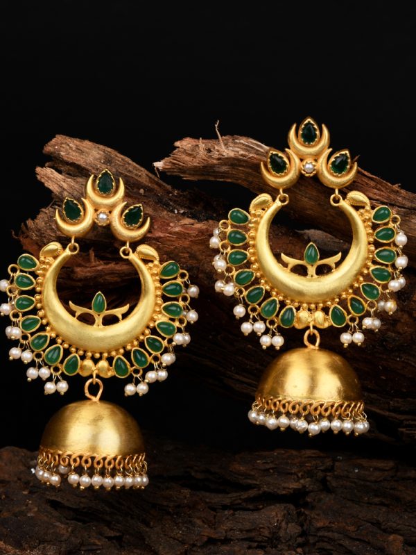 Chand Bali with Jhumka & green color glass stone  Chandbali Earring.