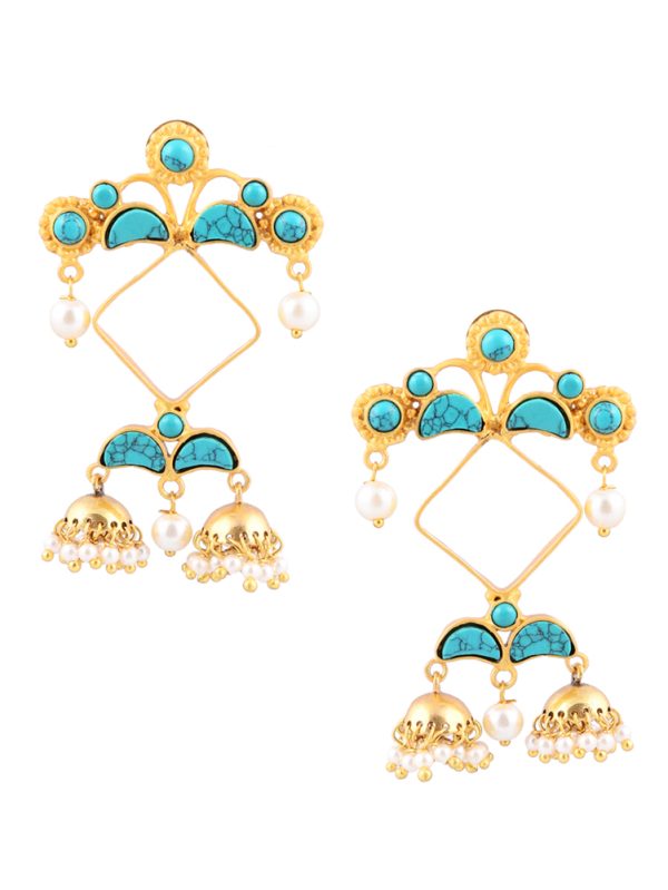 Gold Textured work with Turquoise stone fancy Dangle Jhumka Earring Set.