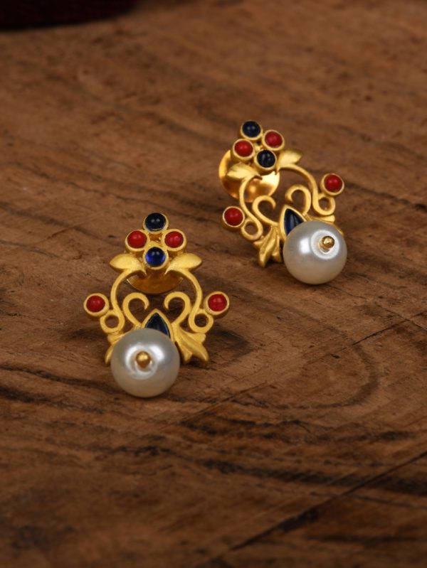 Gold plated Red Coral with Textured handwork Rajasthani style Stud Earring.