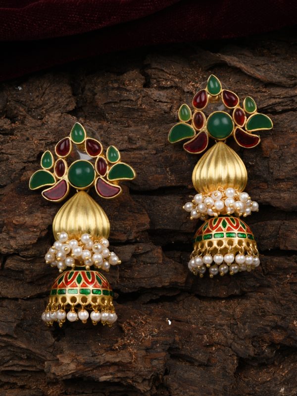 Brings Traditional Dome-Shaped Styled Long Earrings with Green and Red Enamel & Colourstone  Jhumki Earring.