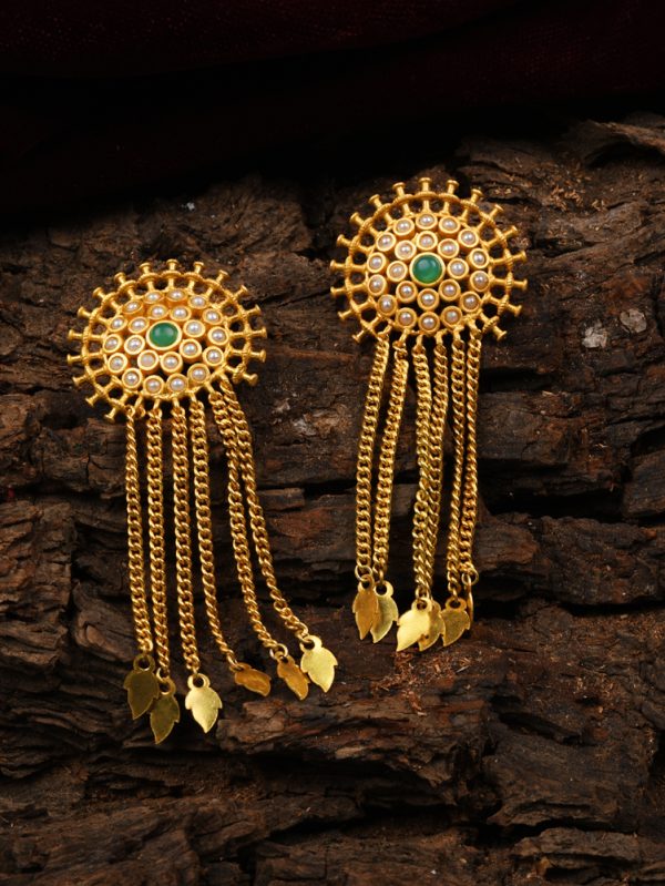 Gold plated pearl & blue glass tassel fusion earring with leaf styling hanging  Tassel Earring.