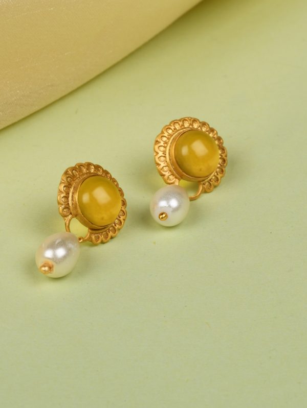 Yellow colour Glass stone with textured border Stud Earring.