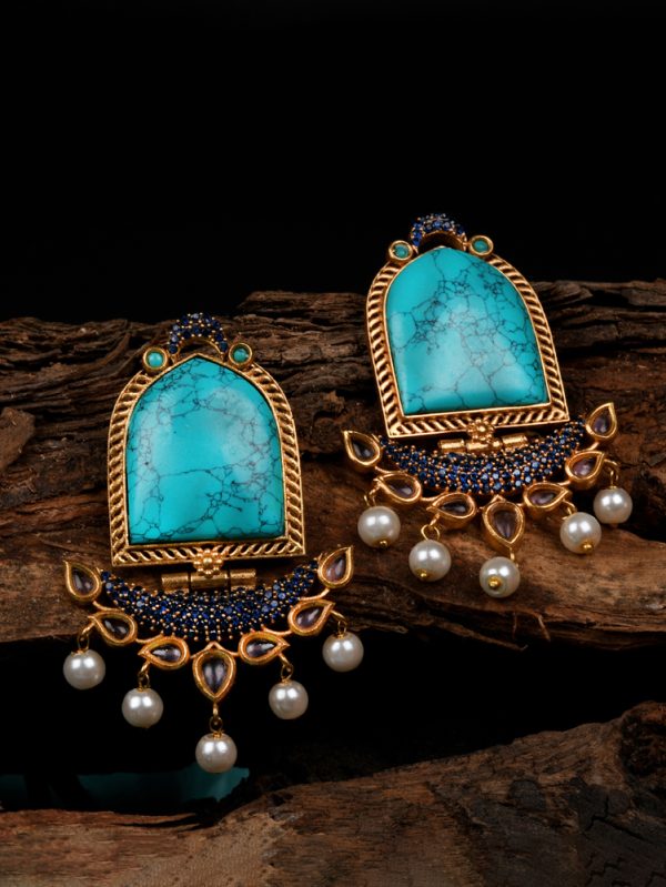 Innovative Feature Turquoise with Blue CZ Stones Long Earring Set.