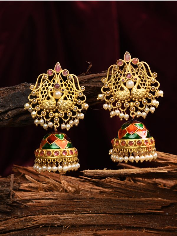 Fashion enameled peacock style texture handcrafted gold-tone earring designed pink moon stone Jhumki Earring.