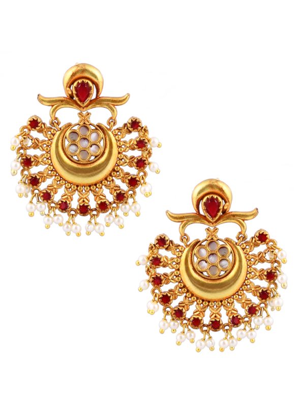 Gold Plated Chandbali Earrings with  Red glass stone & Studded MOP Chandbali Earring.