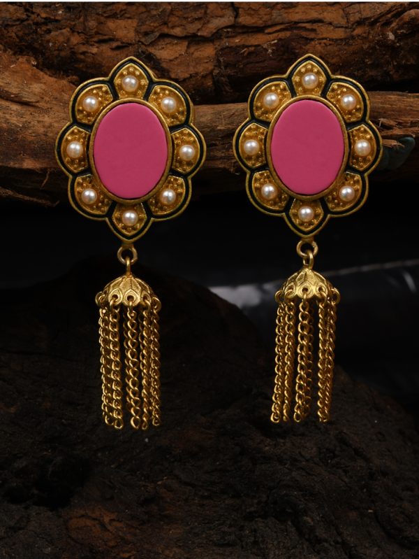 Rich & Famous stylish synthetic Pink Stone Two-tone Textured Tassel Earring for women and girls design for formal parties. Tassel Earring.
