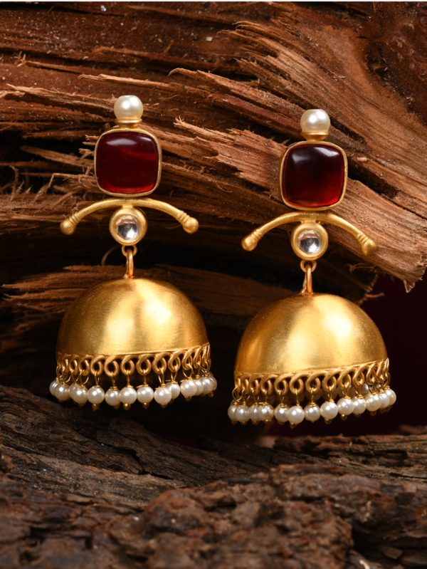 Red Colour Stone as Stud Having Beautiful Jhumka with Pearls Stunning  Jhumki Earring.