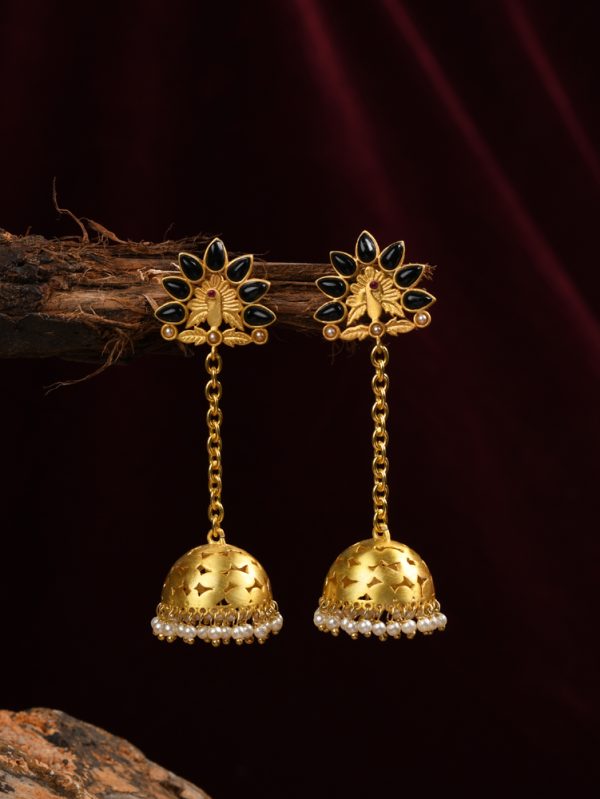Tassel Peacock Stud jaali work jhumki with Black Onyx Earring for Engagement and Wedding Season Design Tassel Earring.