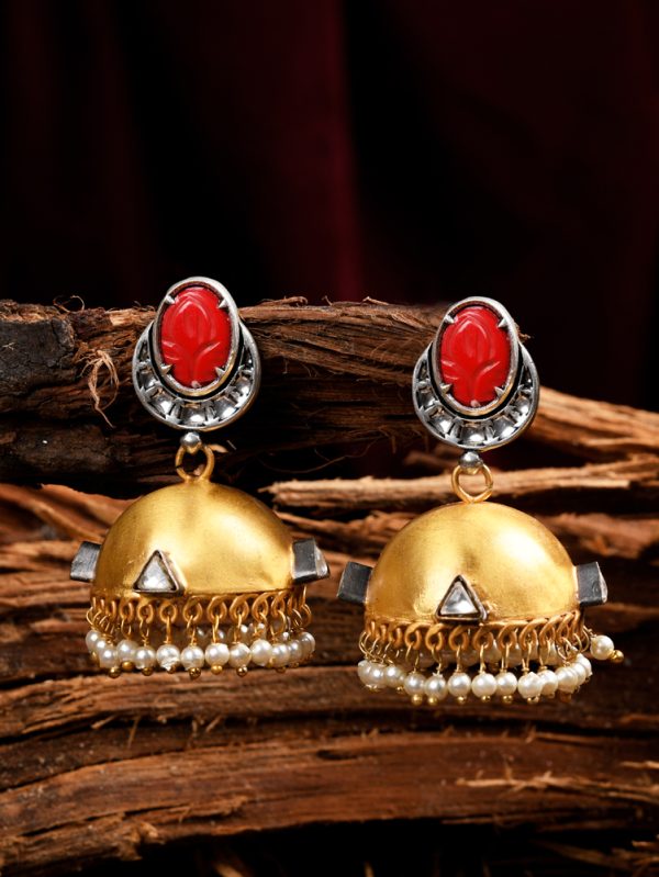 Premium Red Coral Carved Stone with Two Tone Matt Jhumka Studded with High Quality Jhumki Earring.