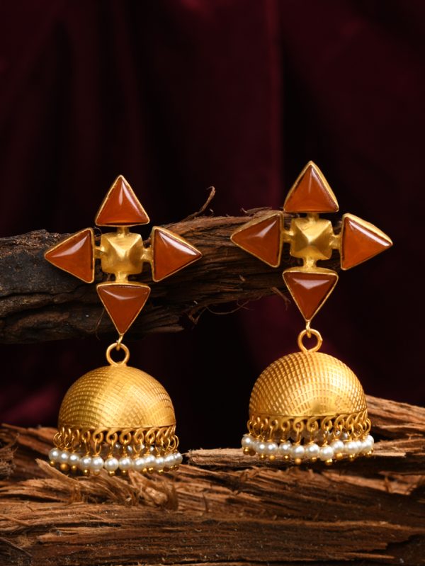 Triangular stud as orange color glass stone gives contemporary look with Stylish Jhumki Earring.
