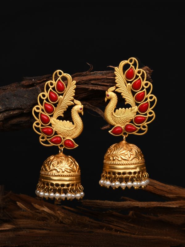 Peacock theme with Red coral stone with jhumka gives stunning designer look to Earring Set.