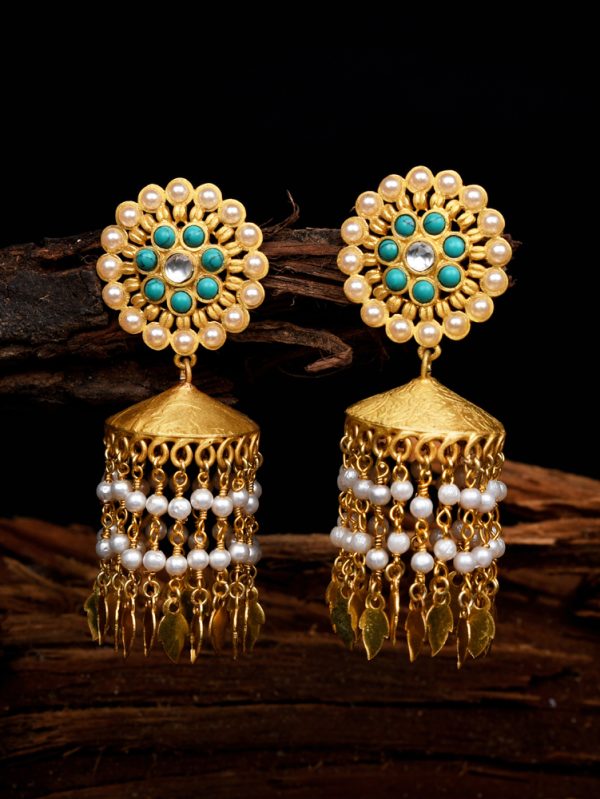 Stylish Turquoise tassel earring with jhumki pattern.