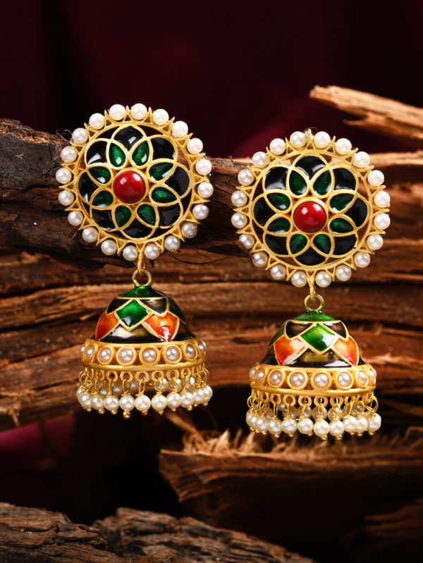 Statement earring with Meena pearls and moonga stone.