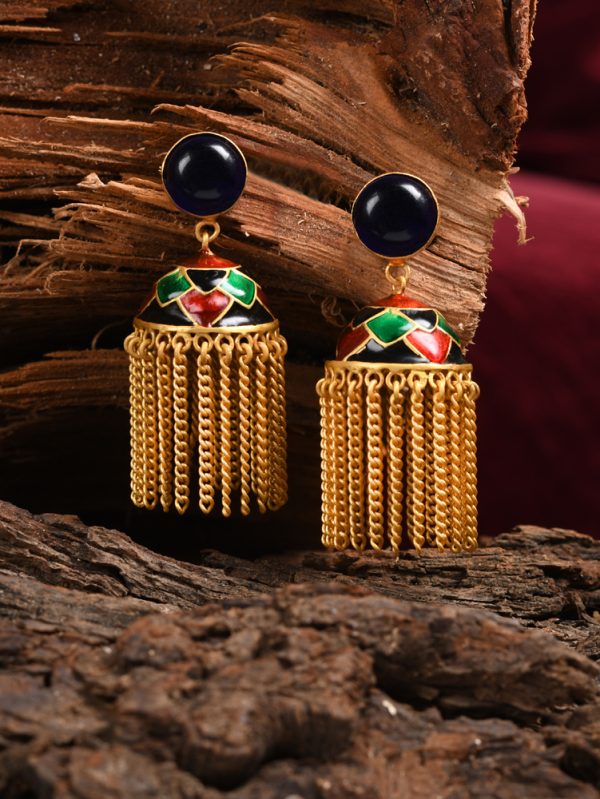 Elegant earring in enamel with gold tassel & blue glass stone.