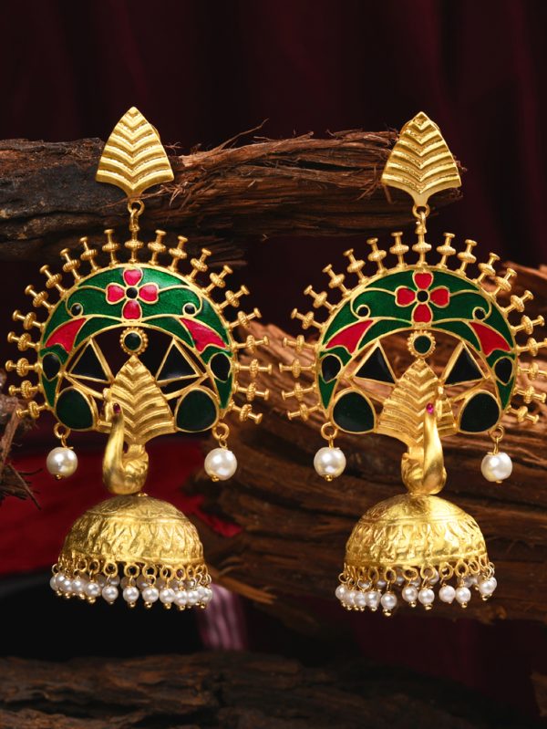 Earring as exaggerated Meena & peacock with green colour glass stone & Black Onyx.