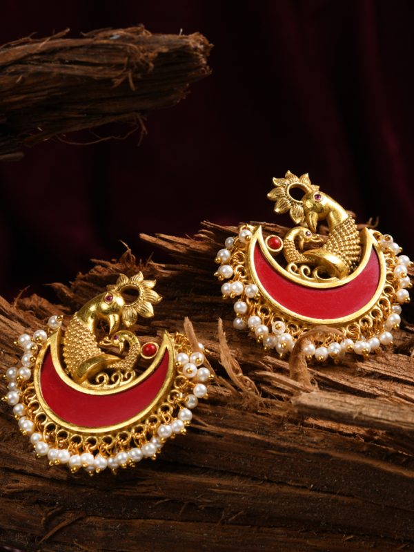 Peacock struck together with synthetic moonga stone chandbali stud earring.