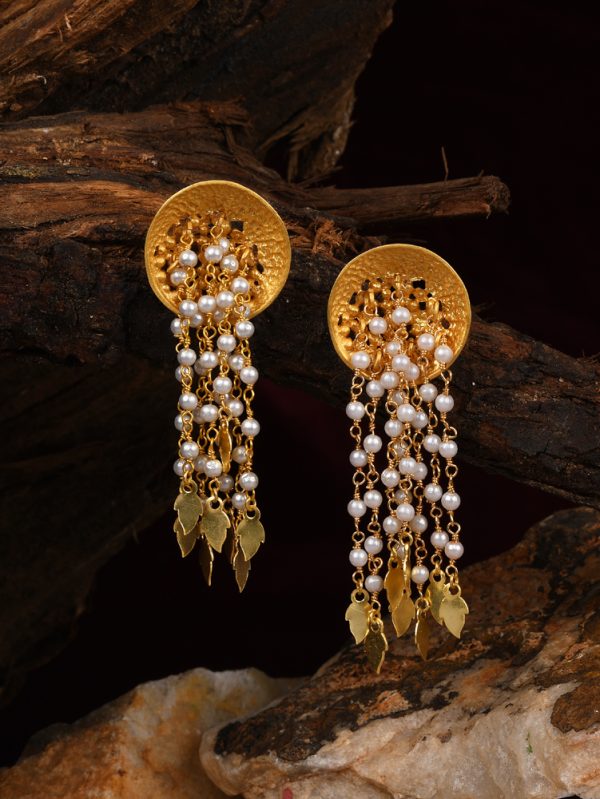 Fusion modern with pearls & golden balls curve connection  Stud Earring