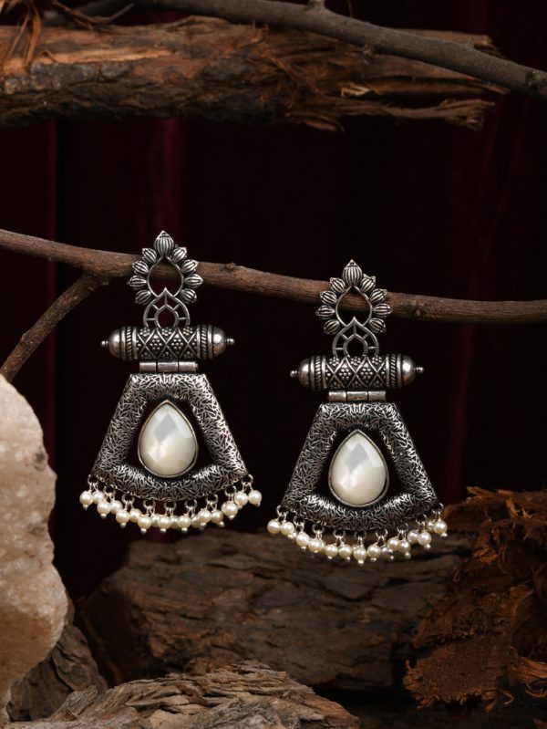Silver Oxidised with Stones and Fresh Water Pearls gives Cute look to Earrings.