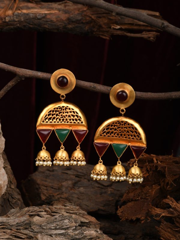 Be the centre of Attraction with the Textured Jhumki in Gold Plated with Colour Stones.