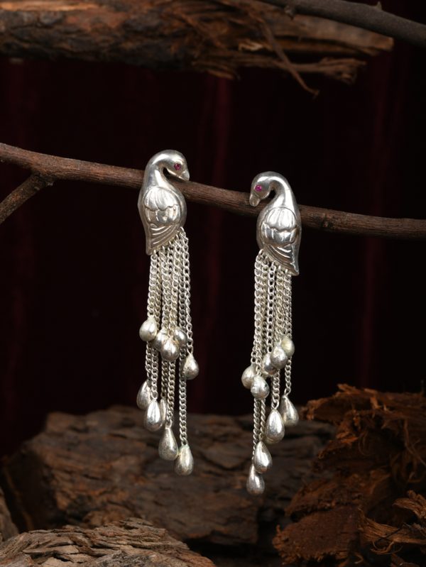 Silver Oxidised Peacock Theme Tassel Earrings with Silver drop hanging.