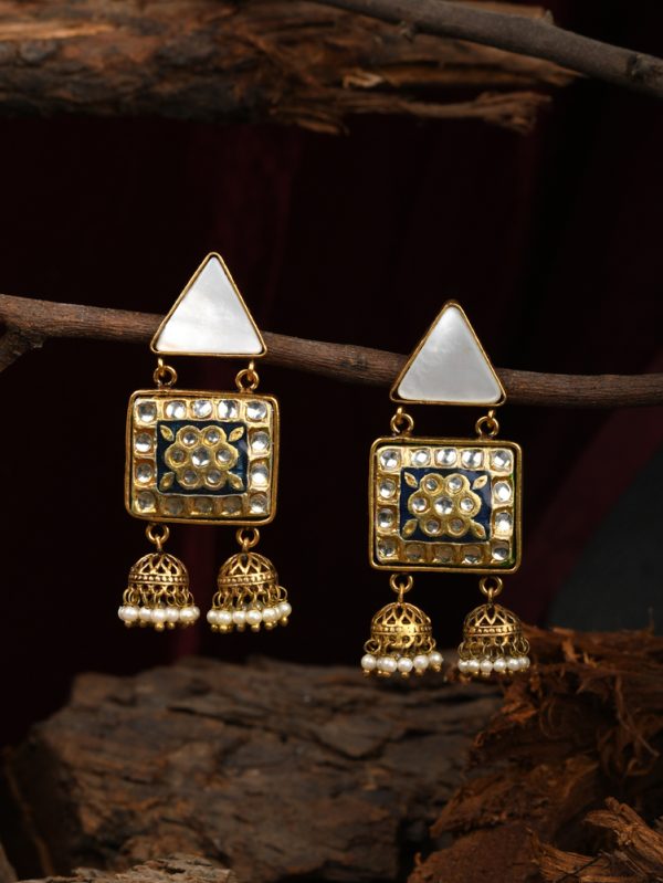 Earrings Style with 2 jhumki Polki, Enamel with high-quality Mother of Pearl.