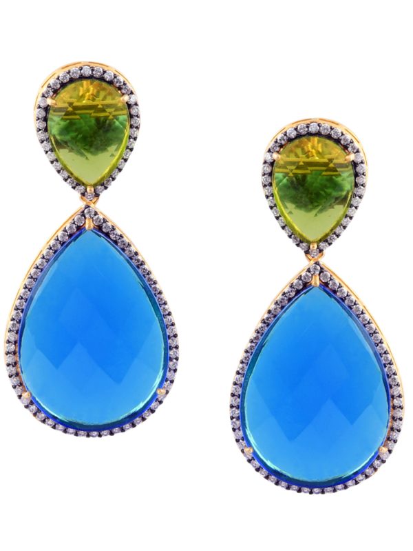 Earrings with Green and Blue Glass Stone Studded Style with White CZ.