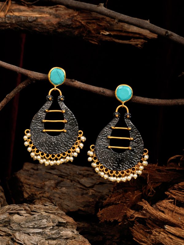 Earrings Studded with Turquoise Stone & Dangle with Two Tone finish.