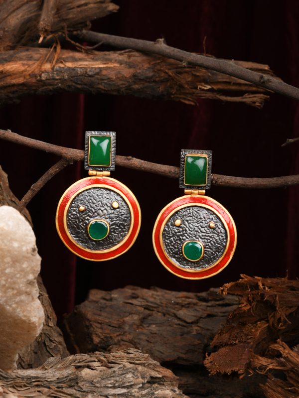 Gold Plated Black rhodium teamed up with Red Enamel & Green Colour Glass Stone.