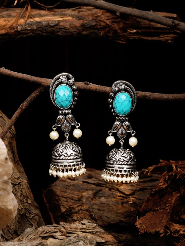 Silver Oxidised Statement Earrings with Turquoise Stone & Style of leaf pattern.