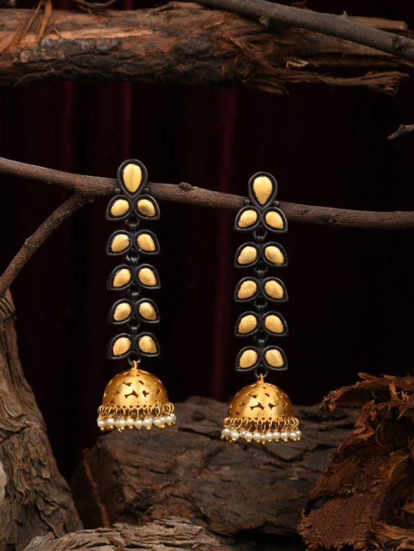 Two Tone long Earrings with unique jhumki teamed up with leaves.